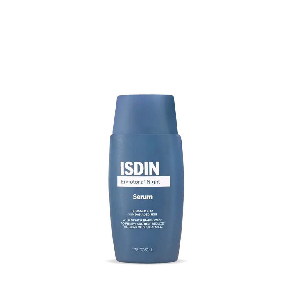 Blue serum bottle with ISDIN branding on a white background
