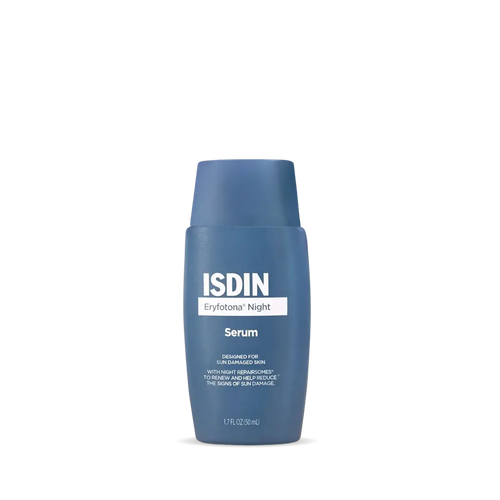 Blue serum bottle with ISDIN branding on a white background