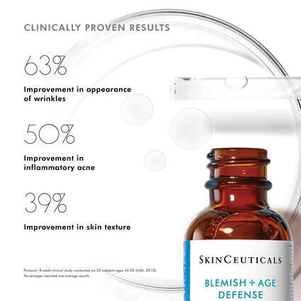 SkinCeuticals skincare product with clinical improvement percentages on a white background